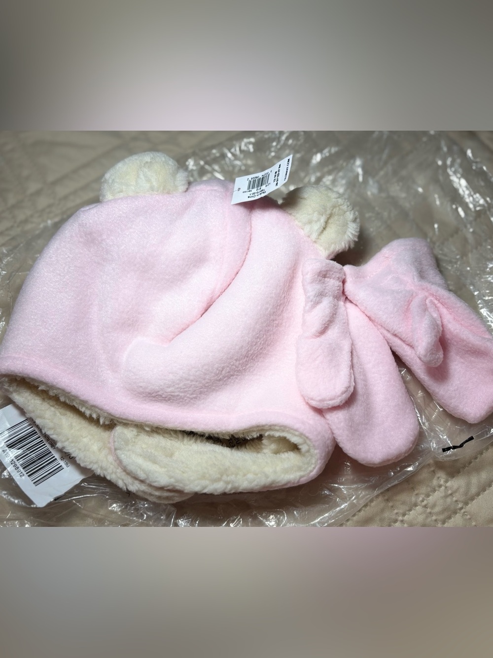 Old Navy 12-18M Soft Fleece Pink Bear Hat with Matching Mittens